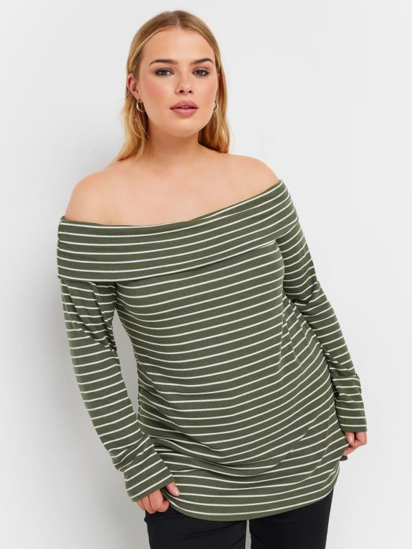  Tallas Grandes YOURS Curve Green Stripe Long Sleeve Bardot Top