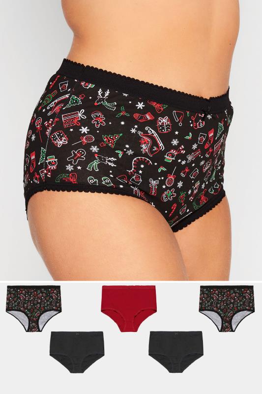5 PACK Black Christmas Print Cotton High Waisted Full Briefs | Yours Clothing 1