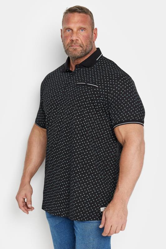 D555 Big & Tall Black Spot Print Jacquard Collar Polo Shirt | BadRhino 1