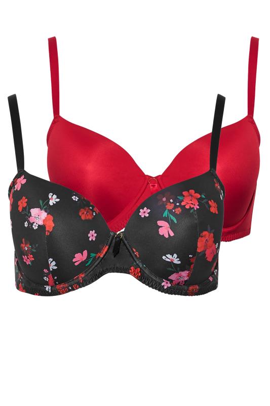 2 Pack Black & Red Floral Padded Underwired T-Shirt Bras 2
