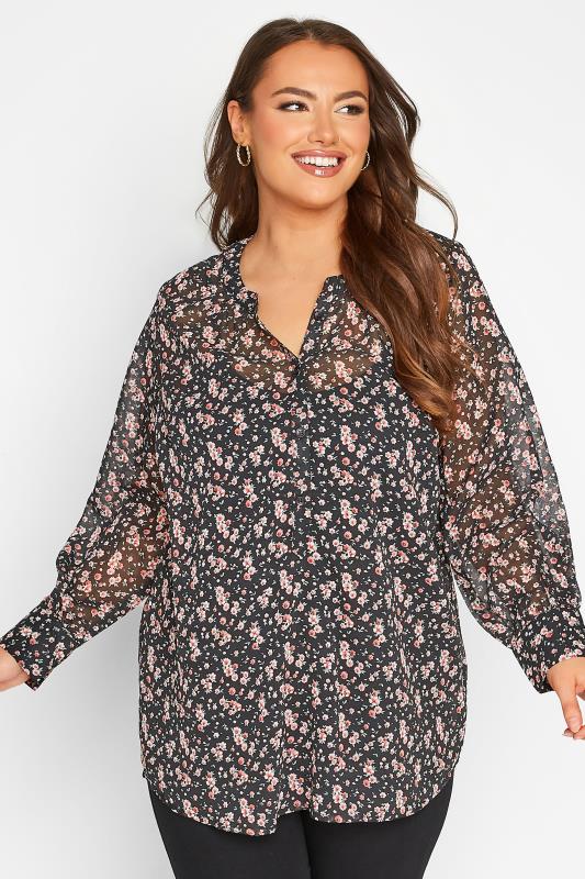 Plus Size Black Ditsy Print Balloon Sleeve Shirt | Yours Clothing 1