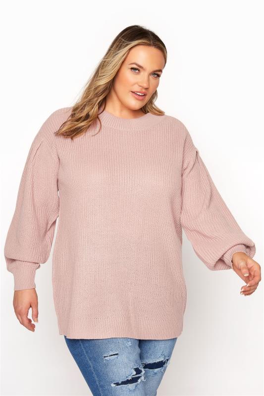 Plus Size  Pink Balloon Sleeve Knitted Jumper