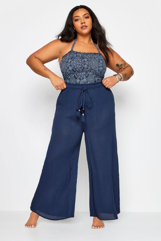 YOURS Plus Size Navy Blue Wide Leg Tassel Beach Trousers | Yours Clothing 3