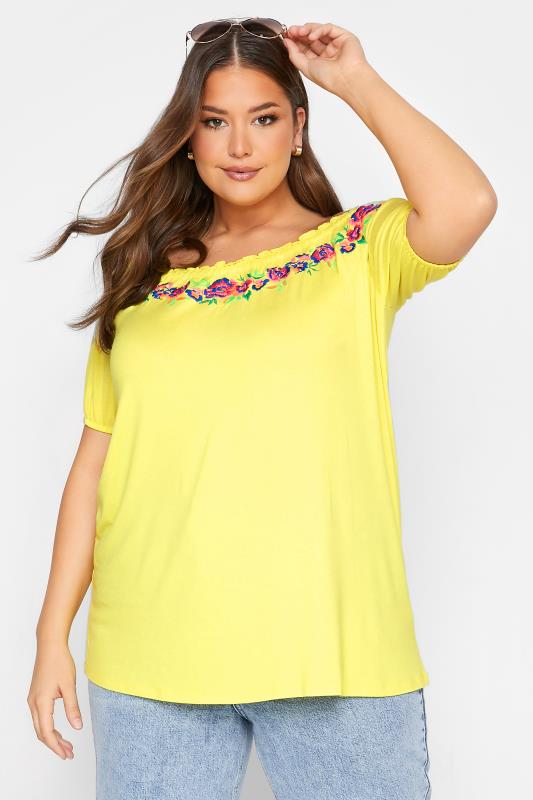 Plus Size Yellow Embroidered Bardot Top | Yours Clothing 1