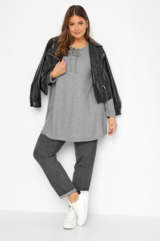 Plus Size Grey Eyelet Tie Detail Soft Touch Top | Yours Clothing 2