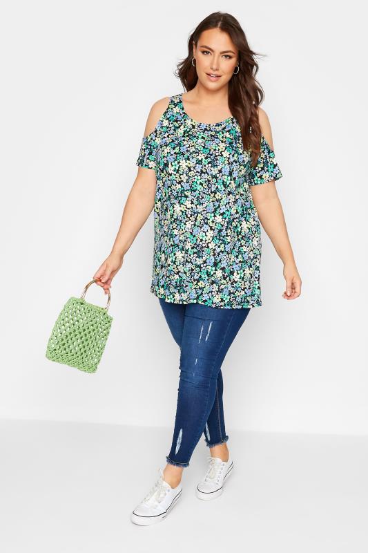 Plus Size Black Ditsy Print Cold Shoulder Top | Yours Clothing 2