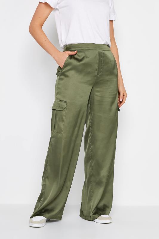 LTS Tall Womens Khaki Green Satin Wide Leg Trousers | Long Tall Sally  5