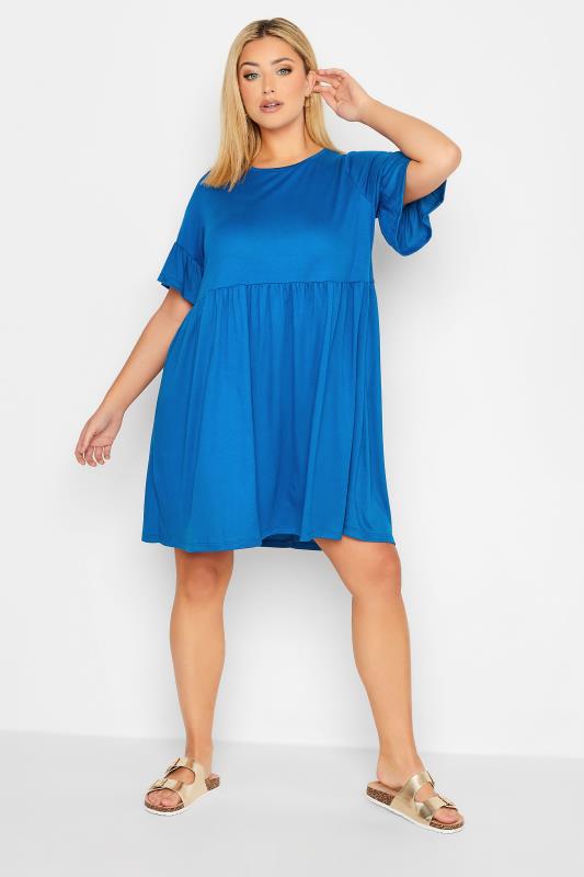 YOURS Plus Size Cobalt Blue Frill Sleeve Smock Dress | Yours Clothing 2