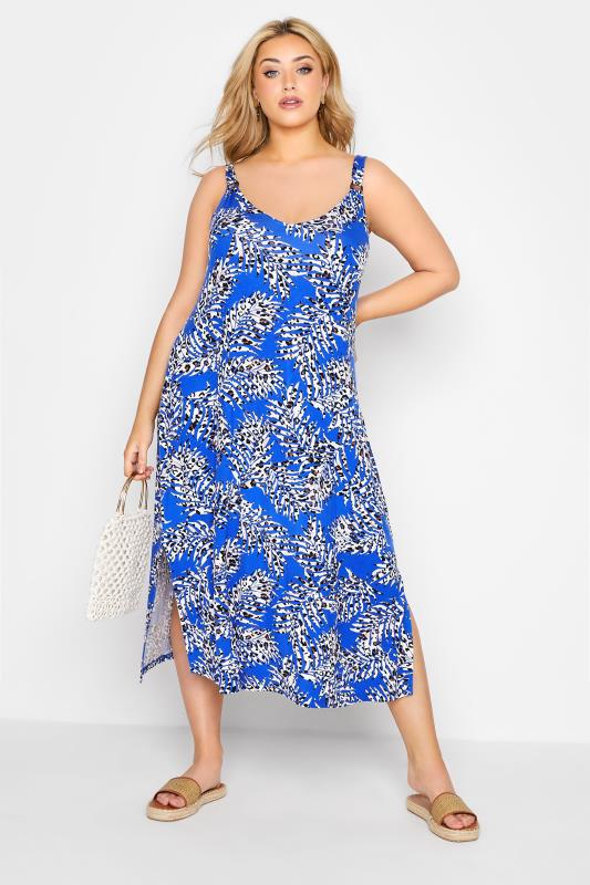 Plus Size  Curve Cobalt Blue Leopard Print Side Split Midi Beach Dress
