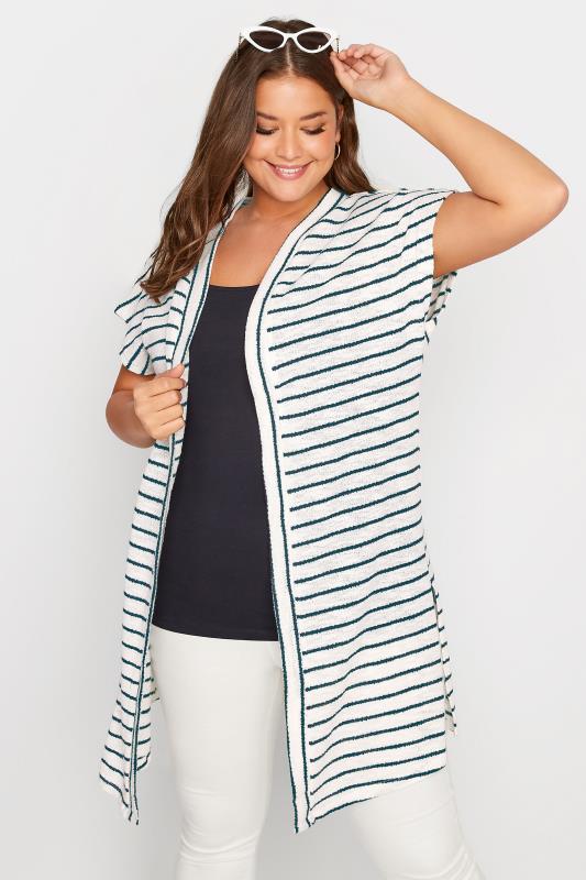 Plus Size White Short Sleeve Stripe Cardigan | Yours Clothing 1