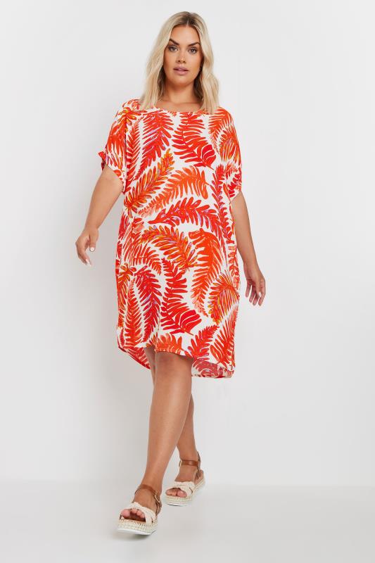 YOURS Plus Size Orange Leaf Print Tunic Dress | Yours Clothing  1