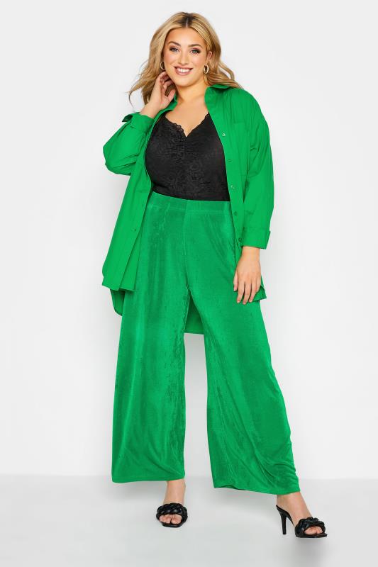 Plus Size  Curve Bright Green Slinky Wide Leg Trousers