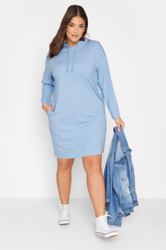 YOURS Plus Size Curve Baby Blue Pocket Hoodie Dress | Yours Clothing  2