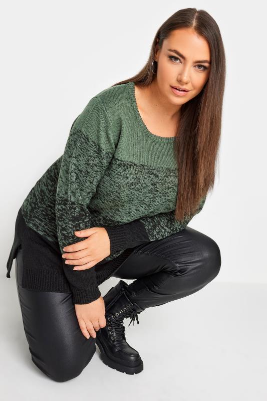 YOURS Plus Size Khaki Green Colourblock Stripe Knitted Jumper | Yours Clothing 1