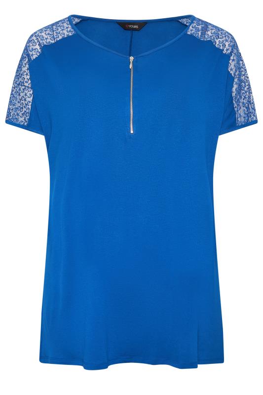 YOURS Plus Size Blue Lace Sleeve Zip T-Shirt | Yours Clothing