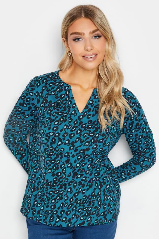 Women's  M&Co Blue Animal Print Notch Neck Cotton T-Shirt