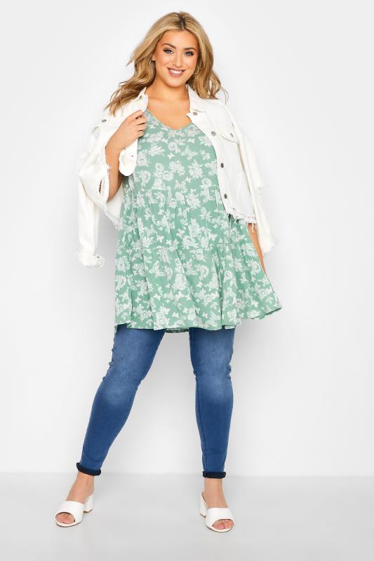 Curve Sage Green Butterfly Floral Print Tiered Tunic Top_B.jpg