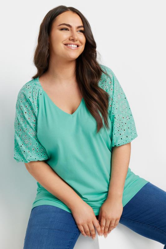 YOURS Plus Size Green Broderie Anglaise Sleeve T-Shirt | Yours Clothing 1