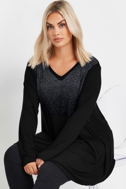 YOURS Plus Size Black Stud Embellished Top | Yours Clothing 1