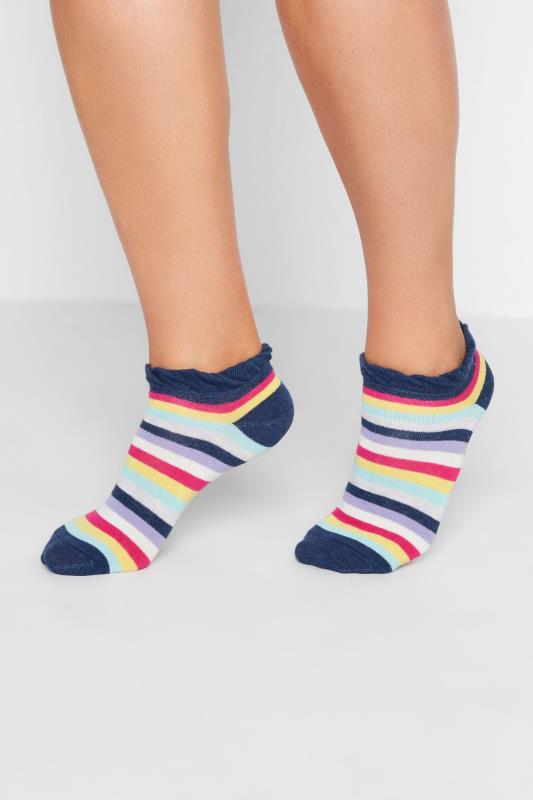 4 PACK Blue & Pink Rainbow Stripe Trainer Socks | Yours Clothing 2