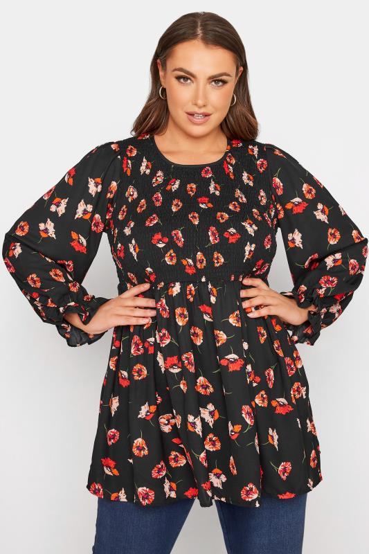 LIMITED COLLECTION Curve Black Floral Shirred Peplum Top_A.jpg