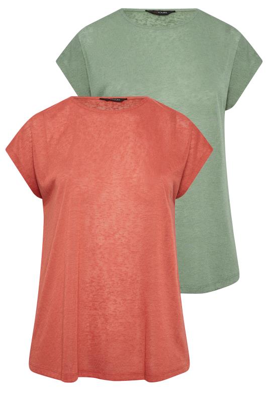YOURS Curve 2 PACK Plus Size Khaki Green & Rust Orange Linen Look T-Shirt | Yours Clothing  8