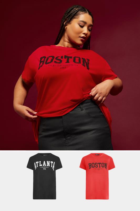  Grande Taille YOURS Curve 2 PACK Black & Red 'Atlanta' & 'Boston' Slogan T-Shirts