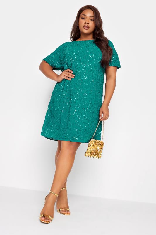 LUXE Plus Size Teal Green Sequin Hand Embellished Cape Dress | Yours Clothing 1
