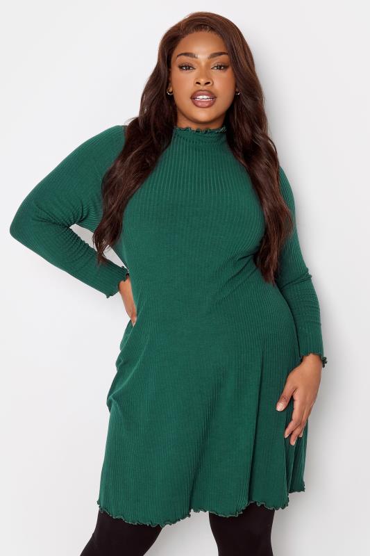 YOURS Plus Size Forest Green Ribbed Lettuce Hem Tunic Dress | Yours Clothing 1