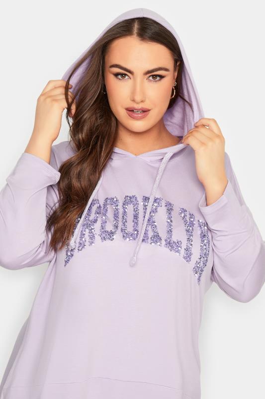 YOURS Curve Plus Size Lilac Purple 'Brooklyn' Slogan Longline Hoodie | Yours Clothing  4