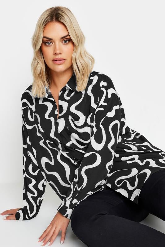 YOURS Plus Size Black & White Abstract Squiggle Print Oversized Shirt | Yours Clothing  1