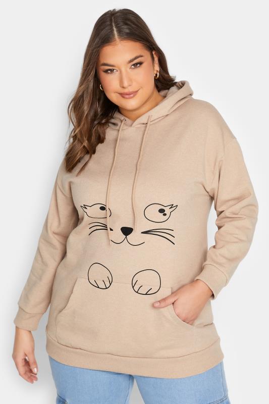 Plus Size  YOURS Curve Beige Brown Cat Graphic Print Hoodie