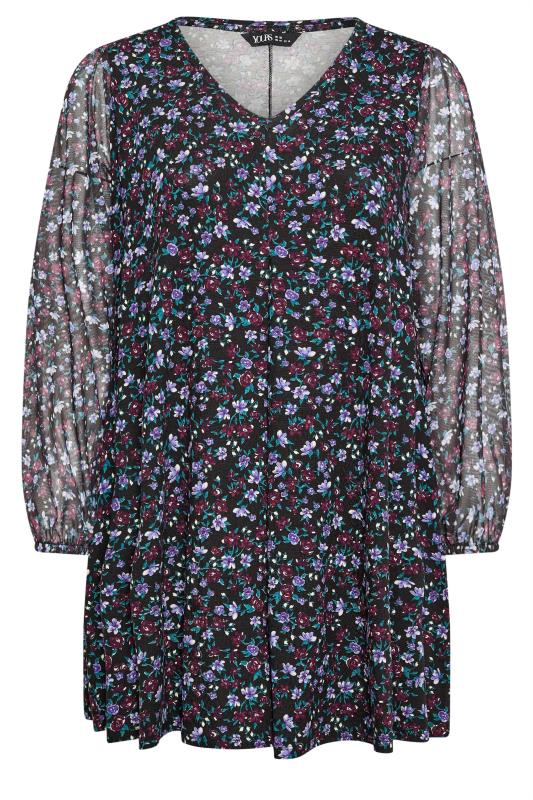 YOURS Plus Size Blue Floral Print Mesh Sleeve Top | Yours Clothing 5