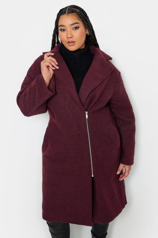 YOURS Curve Berry Red Boucle Biker Coat | Yours Clothing 1