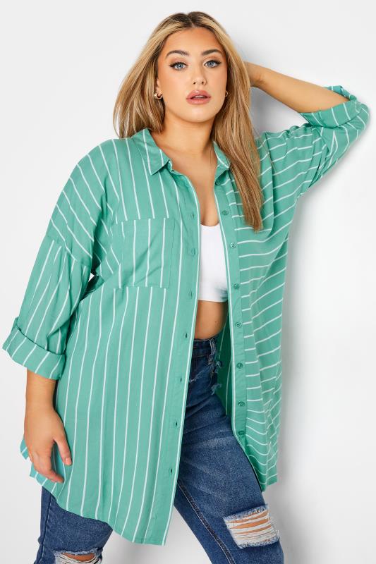 Plus Size Sage Green Stripe Oversized Shirt | Yours Clothing  1