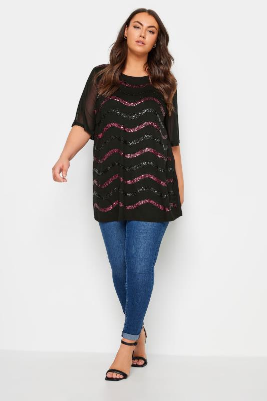 YOURS Plus Size Black Sequin Embellished Mesh Sleeve Top | Yours Clothing 2
