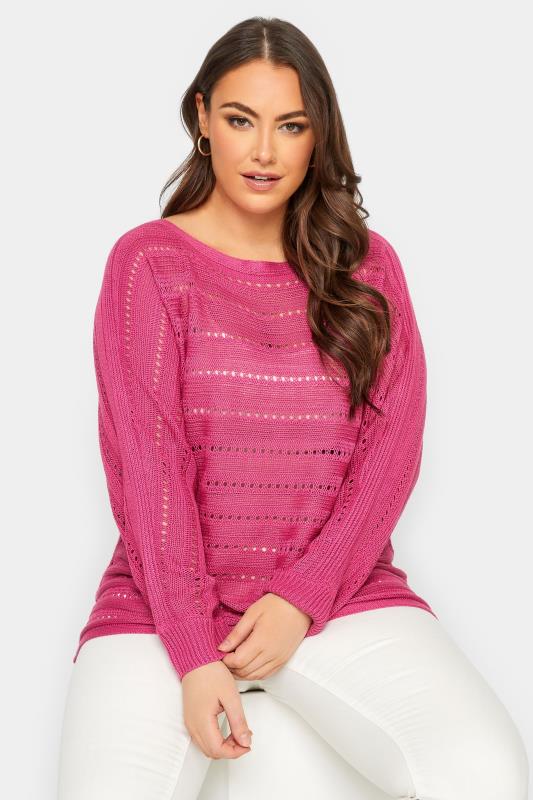 YOURS Plus Size Pink Slash Neck Open Knit Jumper | Yours Clothing 1