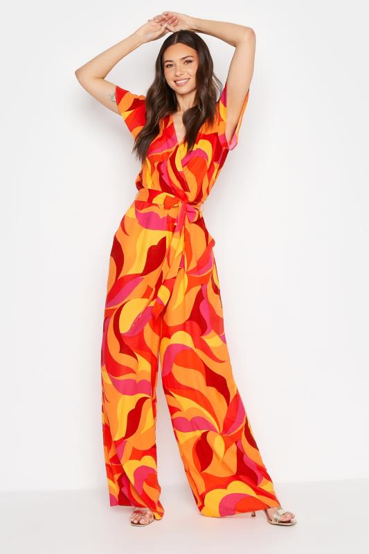 Tall  LTS Tall Bright Orange Swirl Print Wrap Jumpsuit