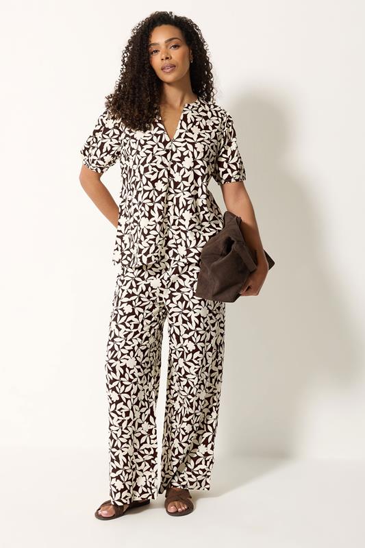 M&Co Set Chocolate Brown Leaf Print Top & Trousers | M&Co 1