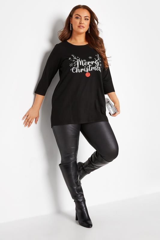 Plus Size Black 'Merry Christmas' Christmas Rudolph T-Shirt | Yours Clothing 2