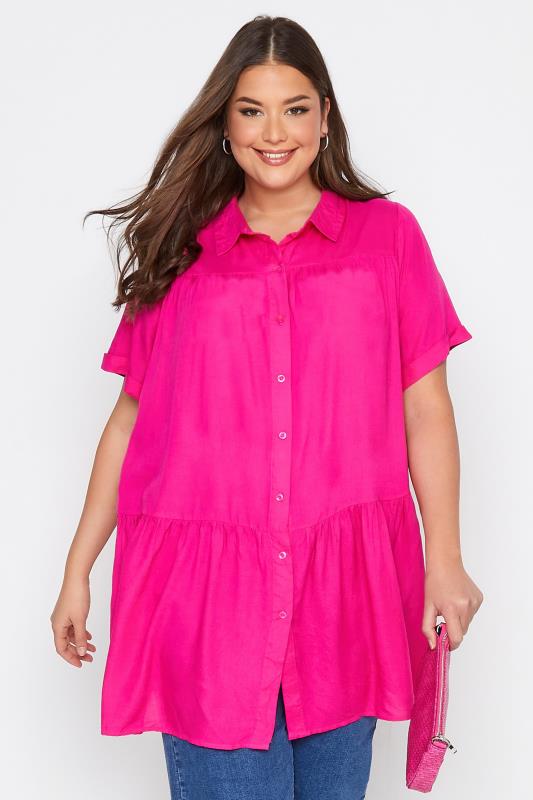 Plus Size Hot Pink Tiered Smock Shirt | Yours Clothing  2