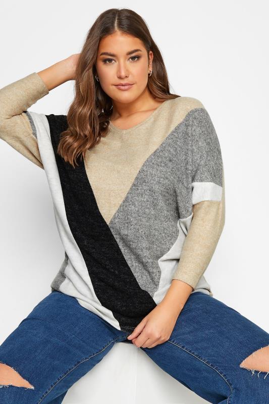 Plus Size Beige Brown Colour Block Soft Touch Jumper | Yours Clothing 1