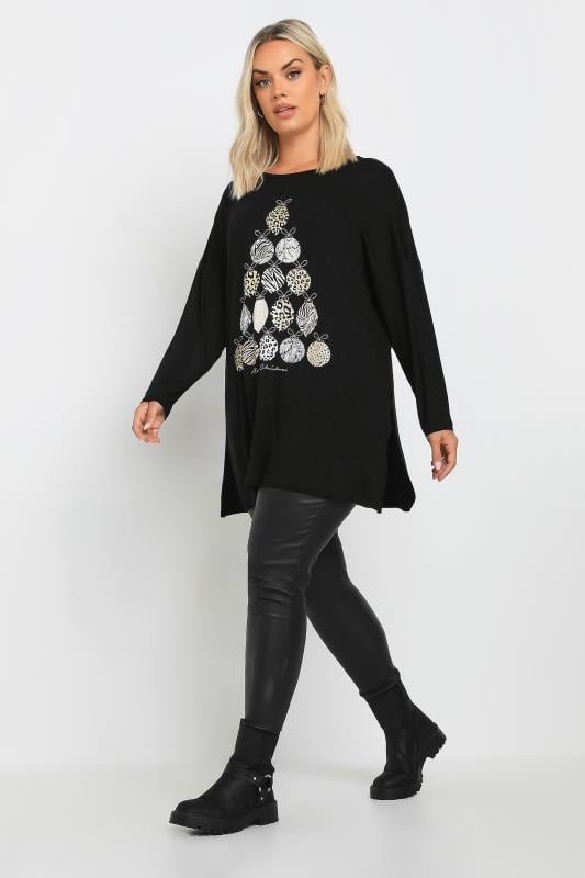 YOURS Plus Size Black Bauble Christmas Tree Print Top | Yours Clothing  3