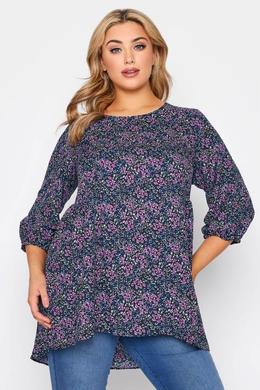 Plus Size  LIMITED COLLECTION Curve Black & Blue Ditsy Print Top