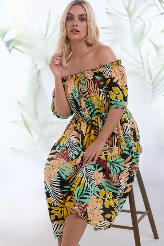  Grande Taille YOURS Curve Black Tropical Print Bardot Midaxi Dress