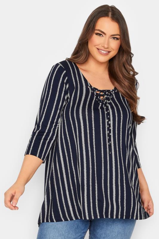Plus Size Navy Blue Eyelet Detail Top | Yours Clothing 1