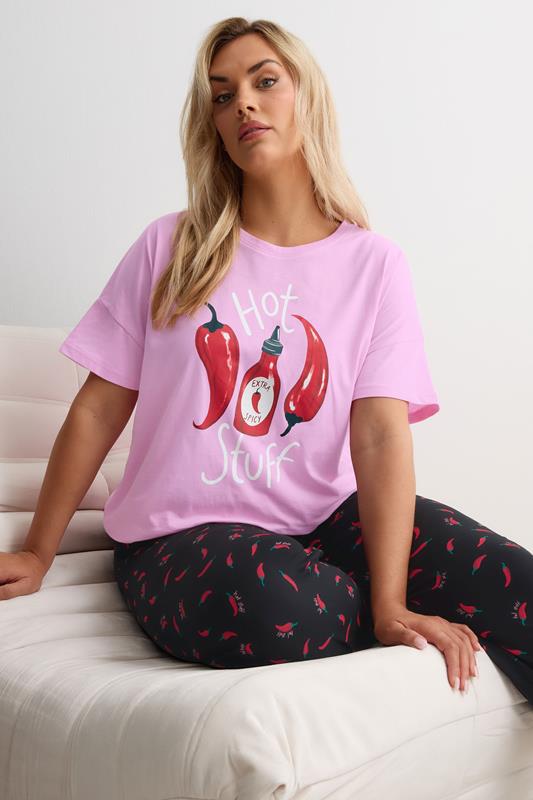  YOURS Curve Pink 'Hot Stuff' Wide Leg Striped Pyjama Set
