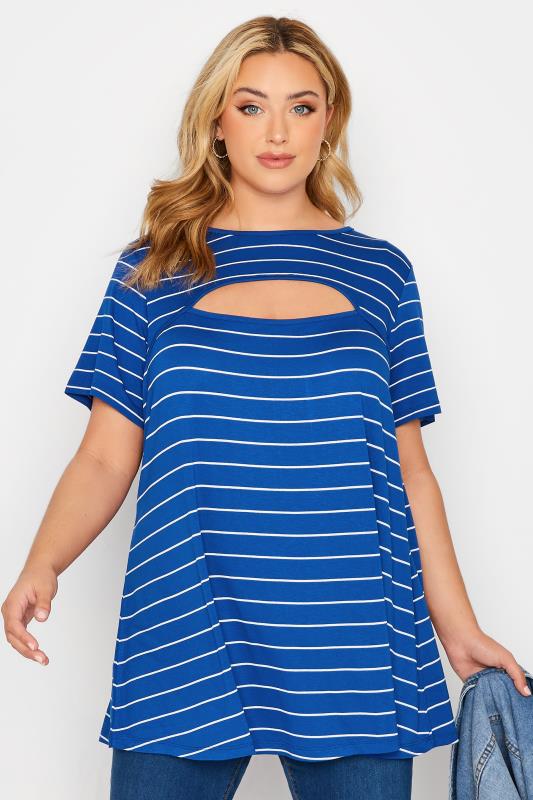 Plus Size Blue Stripe Cut Out Top | Yours Clothing  1