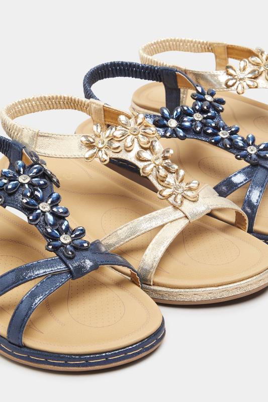 Navy Blue Glitter Floral Diamante Studded Sandals In Wide E Fit & Extra Wide EEE Fit 6