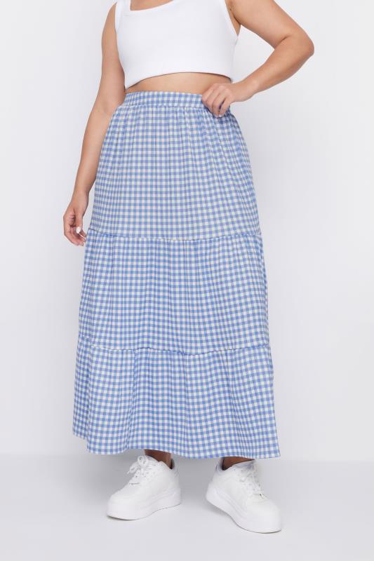 YOURS Plus Size Blue Gingham Textured Maxi Skirt | Yours Clothing 1